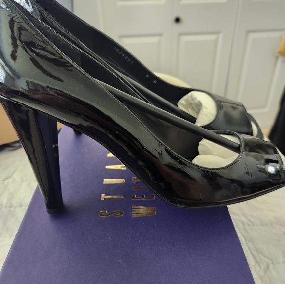 Stuart Weitzman Womens Patent Leather Peep Toe Pumps Black Size 9 Me… - Picture 4 of 7
